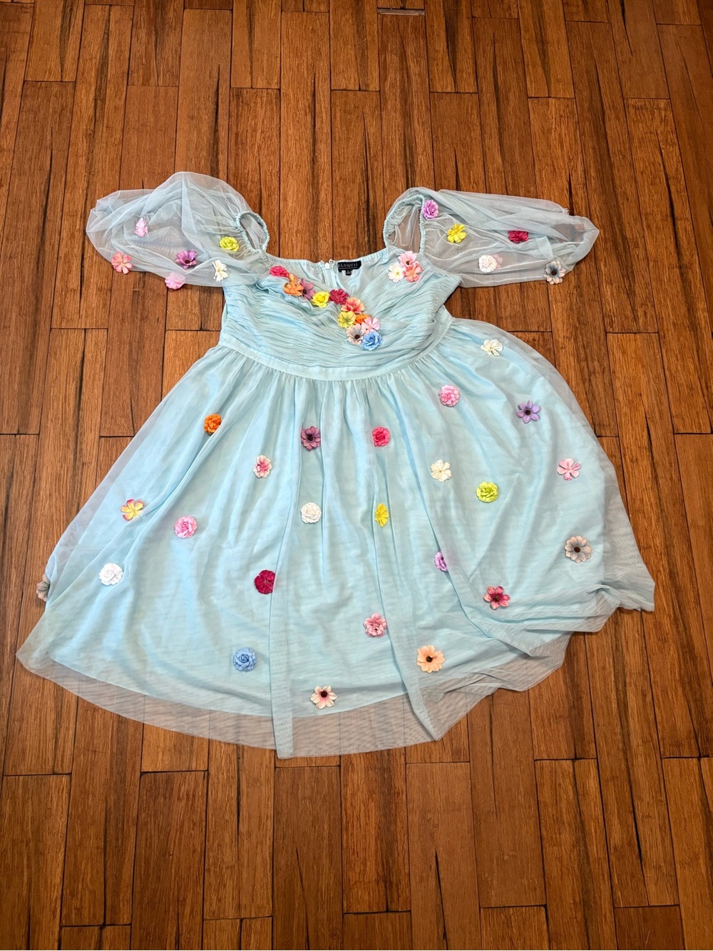 Eloquii Mini Dress Size 22 Light Blue Off Shoulder Sheer Tulle Mutli 3D Flowers